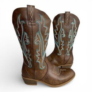 Vodvob Faux Leather Brown Embroidered Western Cowboy Boots Girls Kids Size 1